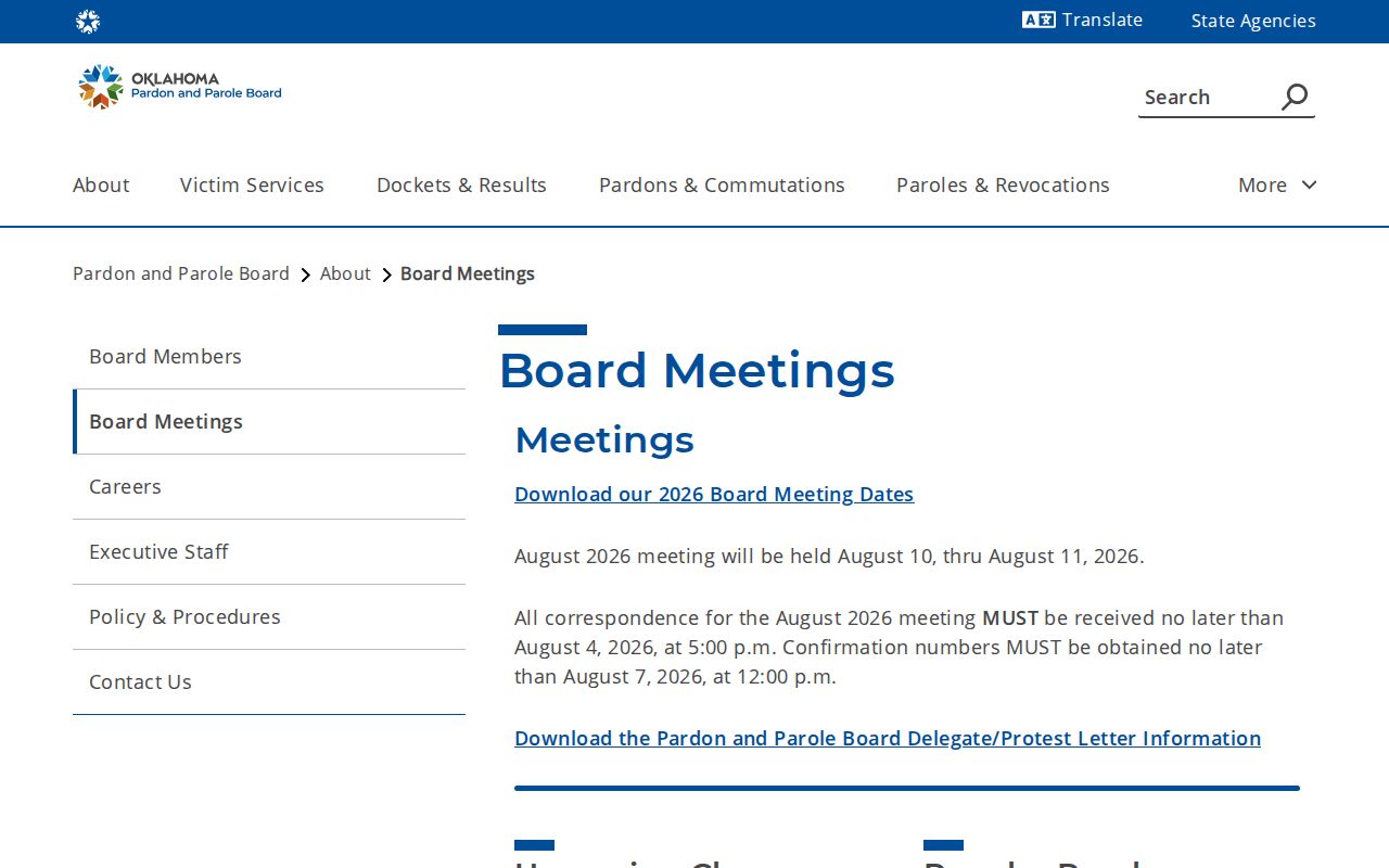 Harmon County parole board meeting and hearing calendar